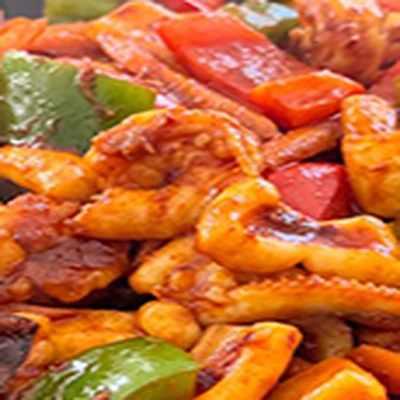 Shrimp tossed with peppers and onions